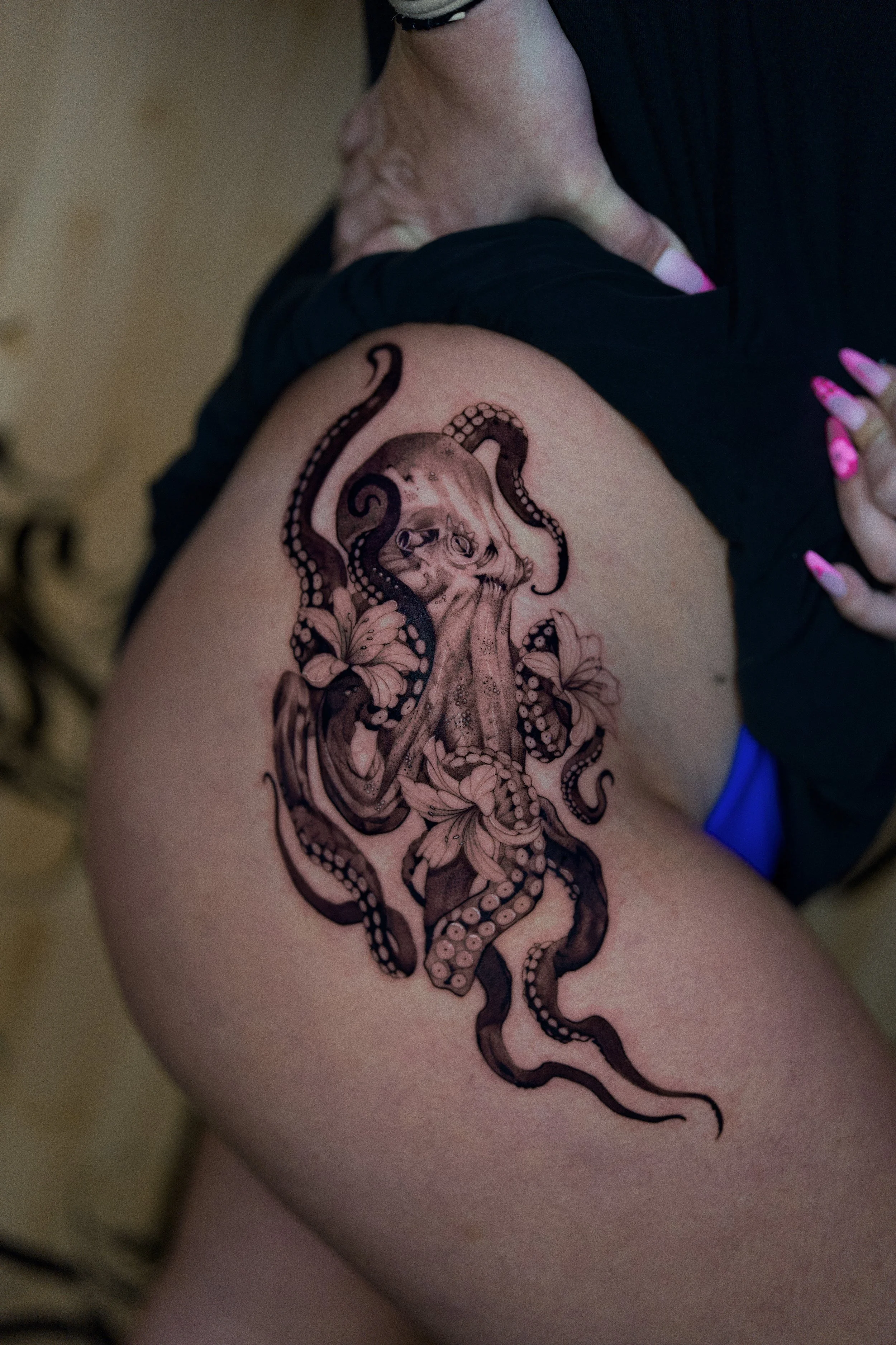 Illustrative Octopus Thigh Tattoo
