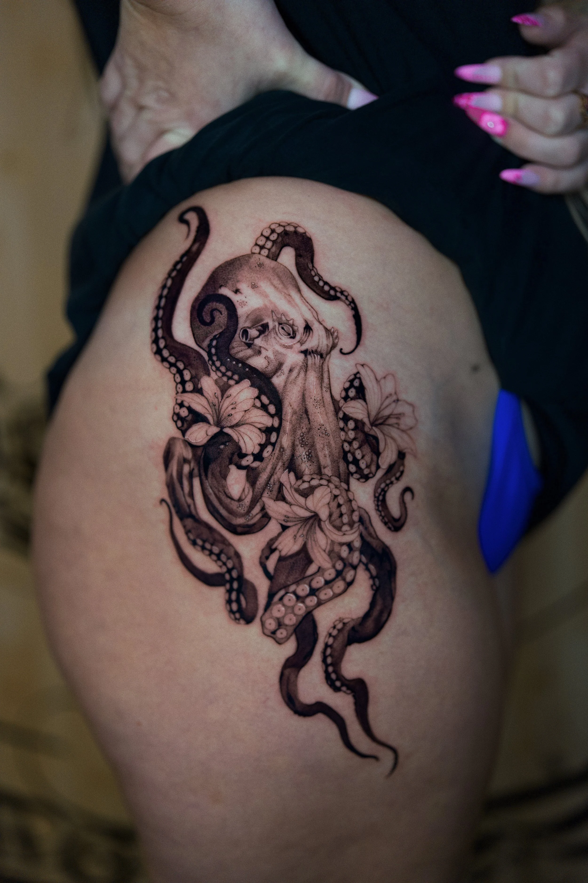 Illustrative Octopus Thigh Tattoo