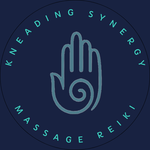 logo for Kneading Synergy LLC includes the name of business and services massage and reiki in a circle around a hand with a swirl in the palm similar the the reiki symbol for power.