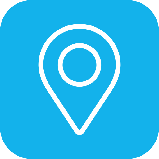 Blue app icon with a white location pin symbol in the center.