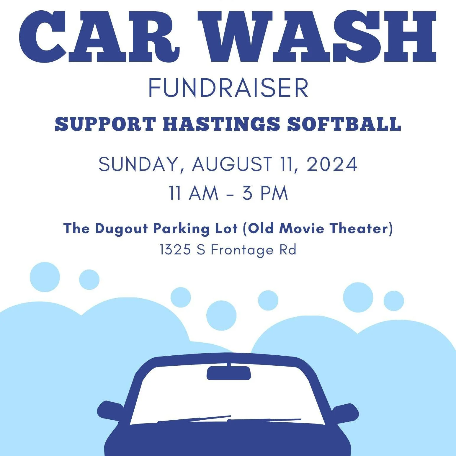 Join us for a car wash fundraiser! 🚙🧽Get your car sparkling clean and support Hastings Softball! 🥎

📍 The Dugout Parking Lot (old movie theater): 1325 S Frontage Road
🗓 August 11
⏰ 11 AM - 3 PM

This is a free will donation car wash. Thank you i