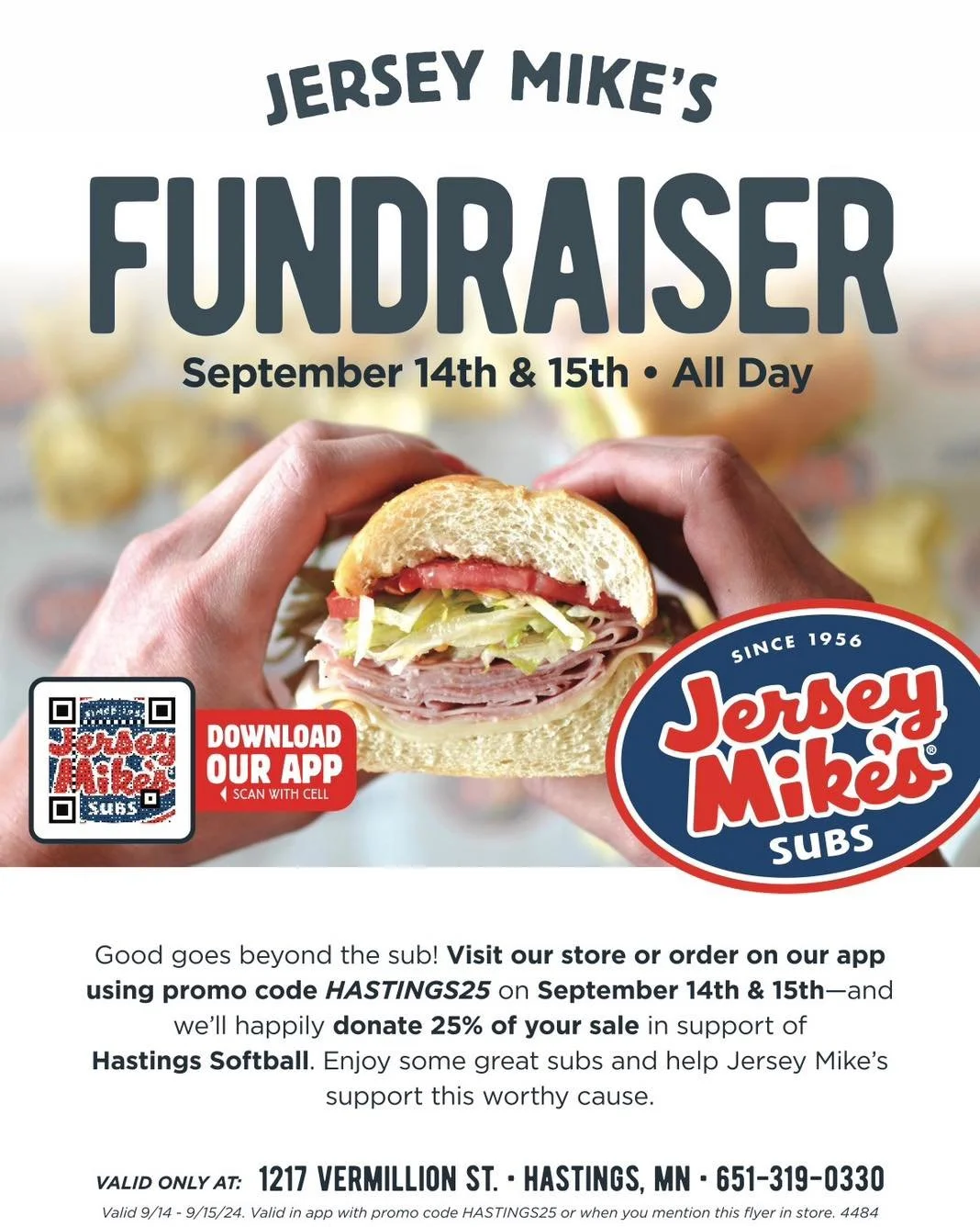 📢🥎Support Hastings Softball at Jersey Mike&rsquo;s! 🥎📢

Hey Hastings community! 💛💙

Join us THIS Saturday and Sunday (September 14&amp;15) at Jersey Mike&rsquo;s for a delicious way to support our girls! A portion of all sales will go directly 