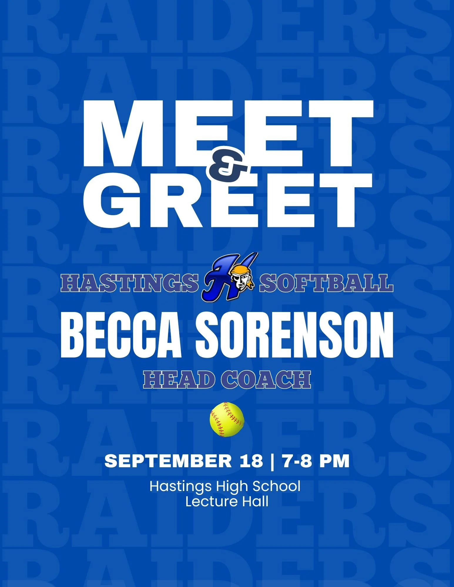 Stop by the upcoming meet &amp; greet with our Hastings High School Softball Head Coach, Becca Sorenson! Whether you're a returning softball player or parent, or you're new to the program, this is the perfect opportunity to get to know her background