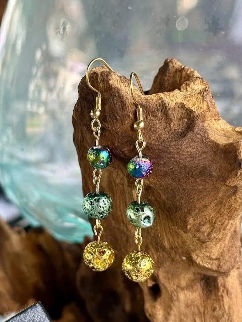 Our Newest Mardi Gras Inspired Metlized Lava Rock Earrings! 

#mardigrasearrings