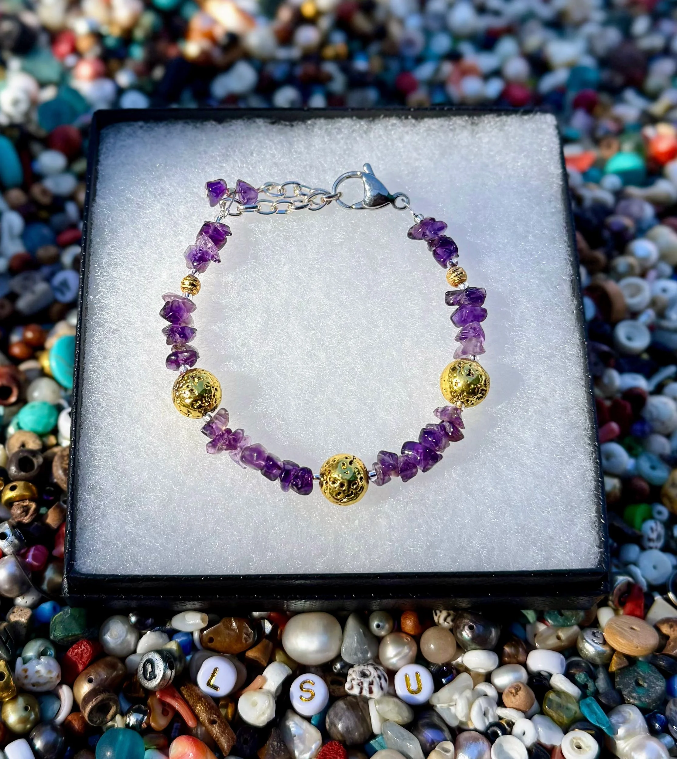 Amethyst & Metalized Lava Rock Bracelet