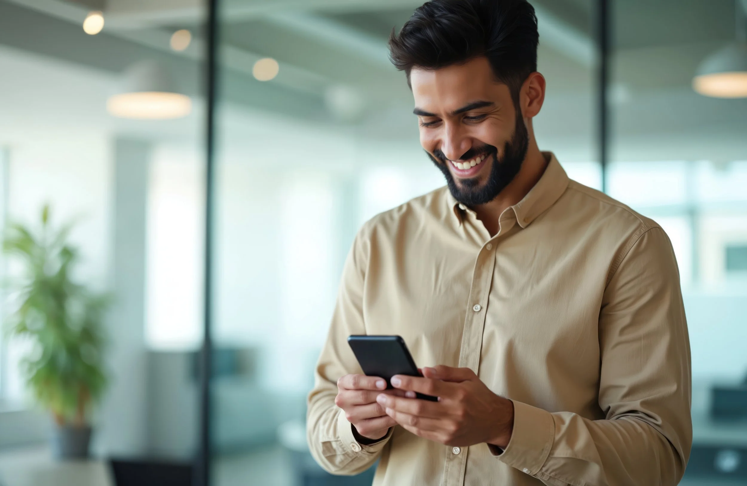Man with dark hair and beard smiling as he looks at his smartphone in a modern office setting.