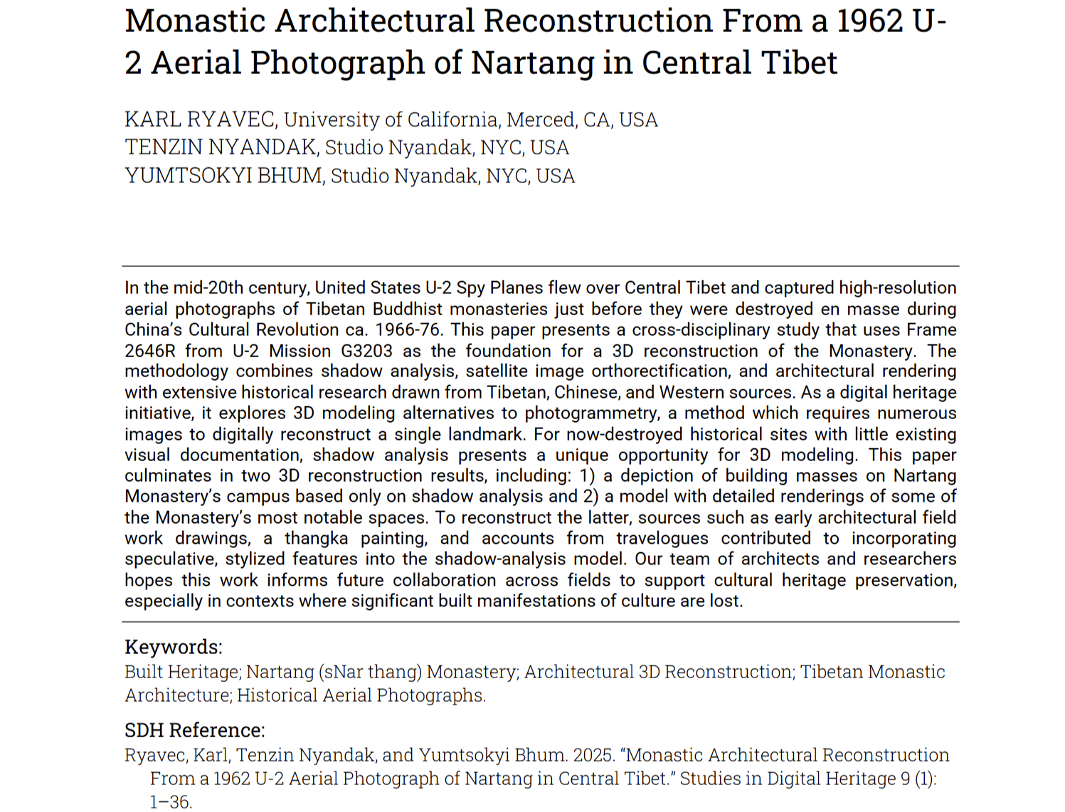 Studies in Digital Heritage Publication: Nartang Monastery 3-D Reconstruction