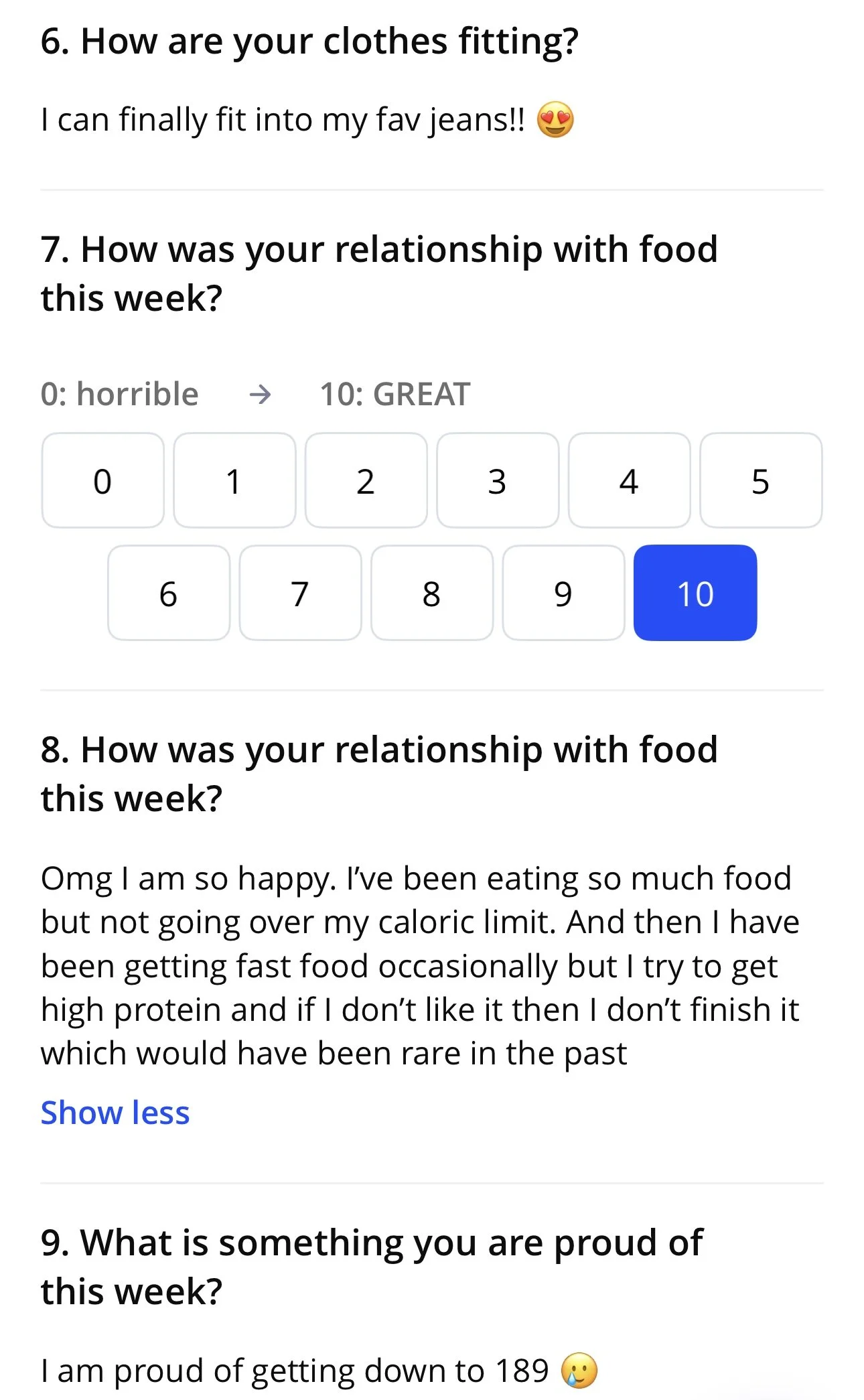 Screenshot of a survey or journal entry with questions related to personal health and feelings, including questions about clothing fit, relationship with food, pride in accomplishments, and weight goals.