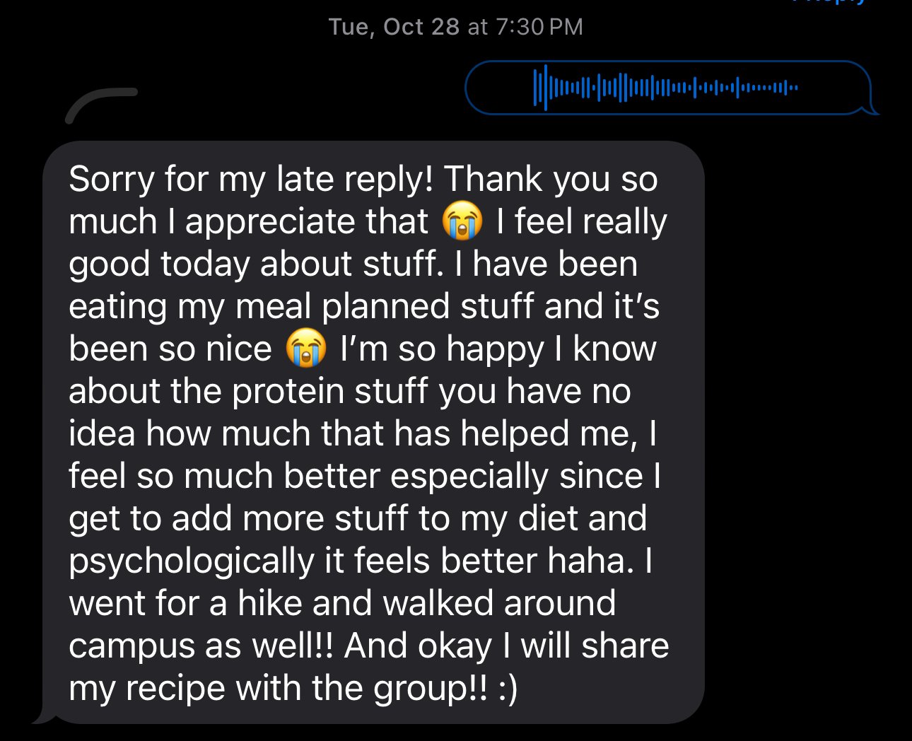 Text message conversation on a phone screen with a black background, displaying a message of appreciation for encouragement and sharing health and diet improvements.