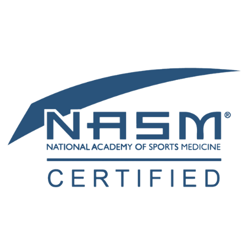 NASM Certified logo with blue swoosh and text.