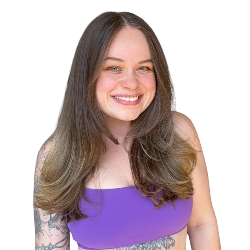 Makayla Ley smiling with long brown hair, tattoo on her arm, wearing a purple tank top, against a black background with a red geometric shape.
