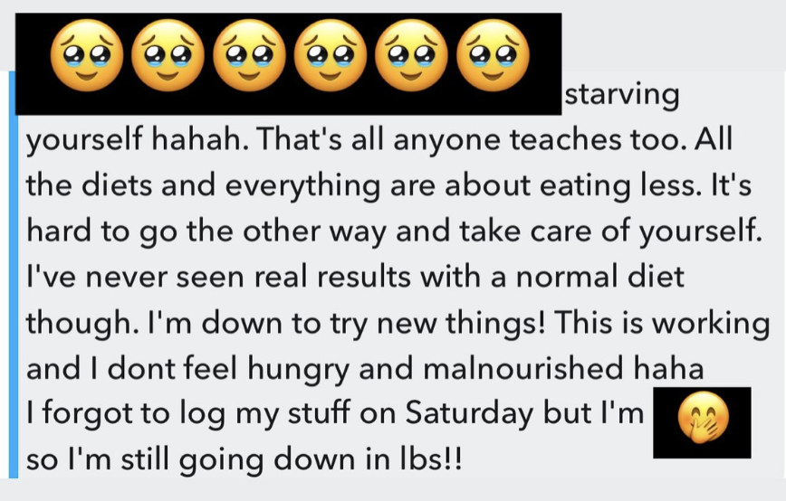 Series of seven sad and crying emojis followed by a message discussing dieting and self-care, with a laughing face covering its mouth emoji at the end.