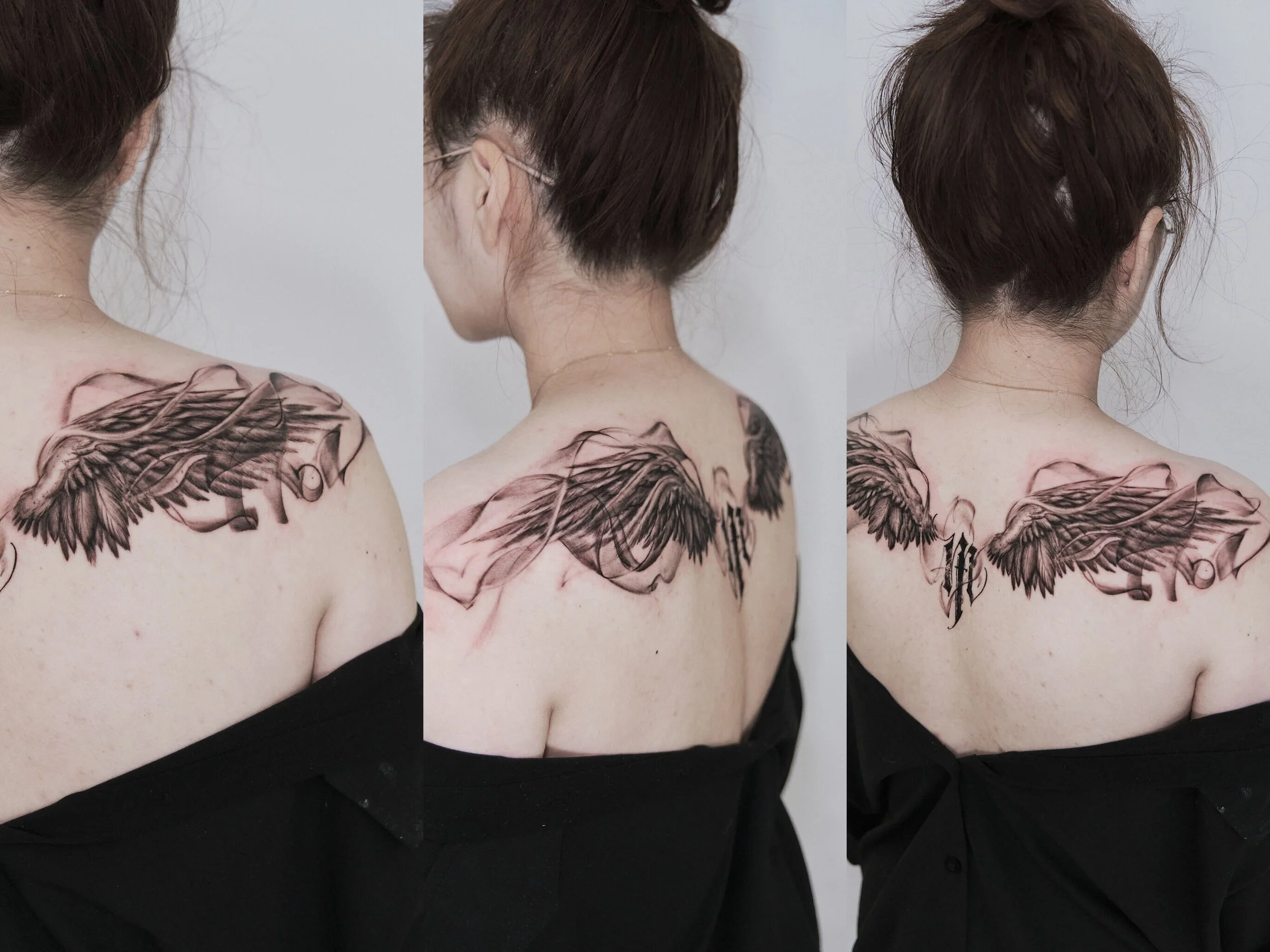 A woman with short brown hair showing a large black and gray tattoo of angel wings across her back and shoulder in three different angles.