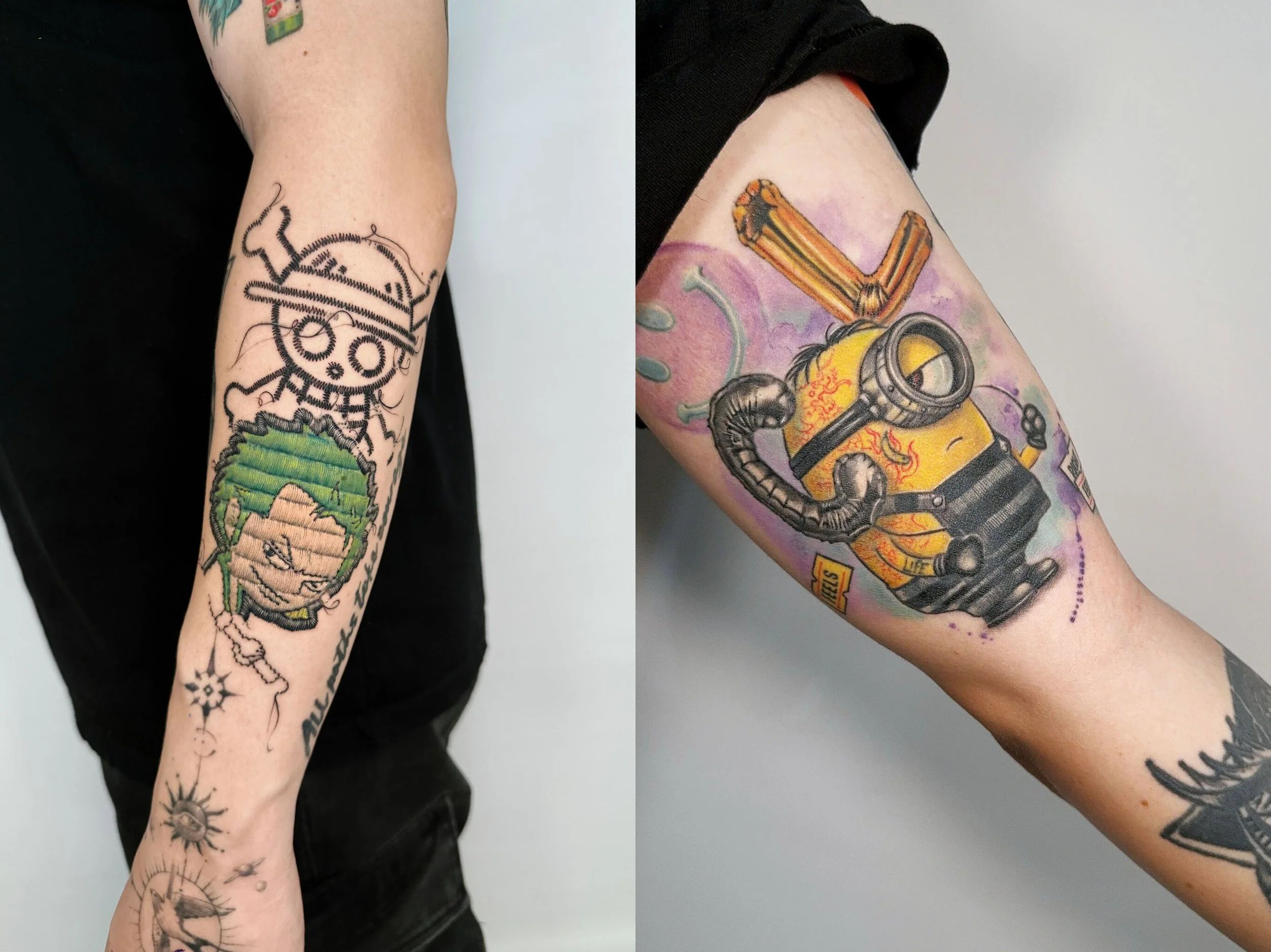Tattooed arm with colorful tattoos, including a skeleton with a green mohawk on the left side and a Minion character from 'Despicable Me' wearing goggles and holding a chainsaw on the right side.