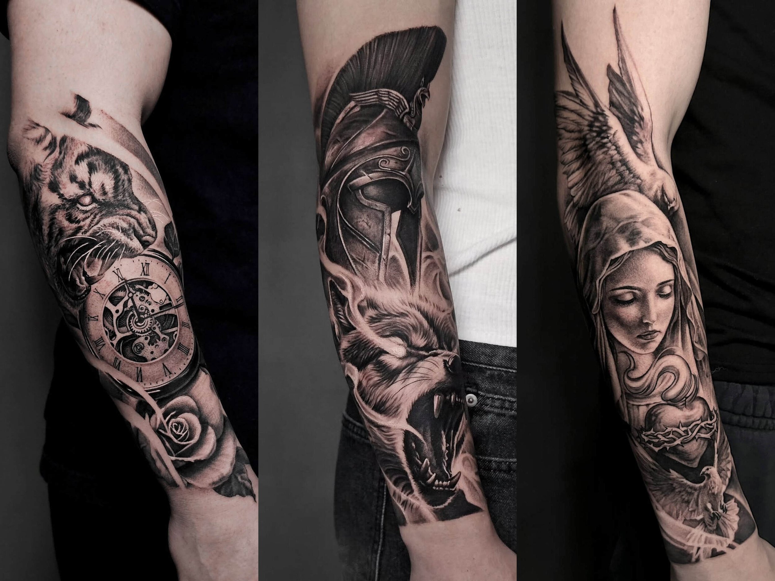 Black and gray tattoos on three different arms featuring a tiger with a clock and rose, a helmeted warrior with a wolf, and a woman's face with a bird.