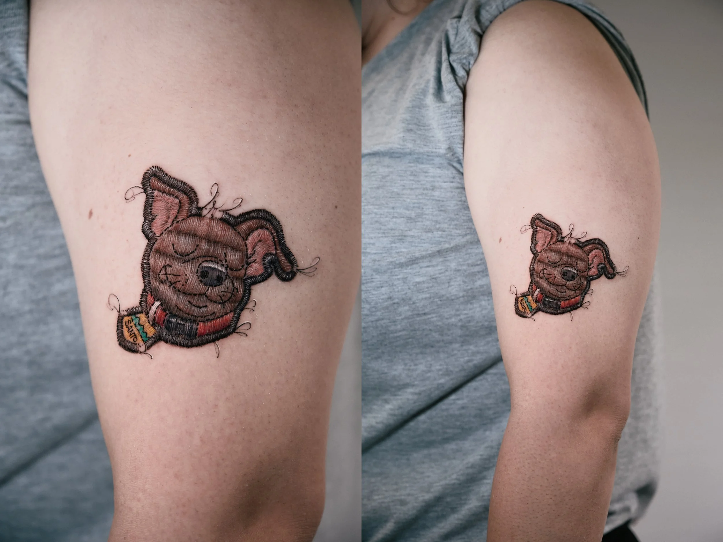 Tattoo of a smiling cartoon dog with closed eyes, floppy ears, wearing a striped collar with a tag labeled 'Skip', on a person's upper arm