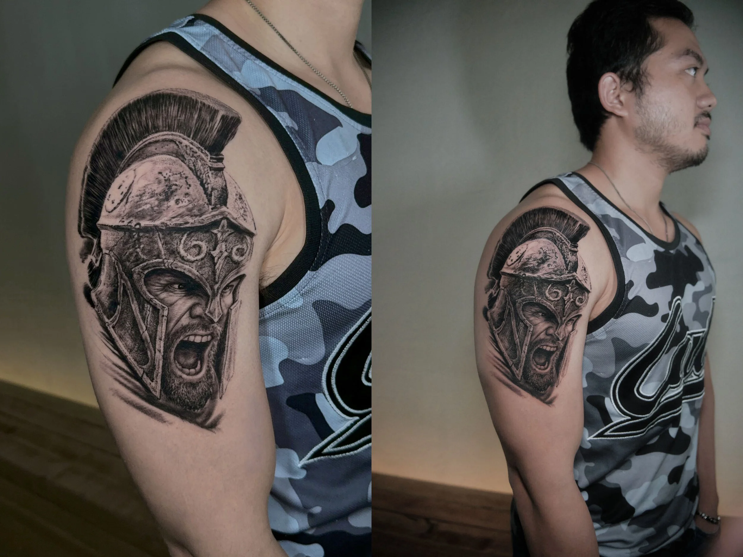 Tattoo of a screaming Roman soldier in armor on man's upper arm, wearing a sleeveless camouflage tank top.