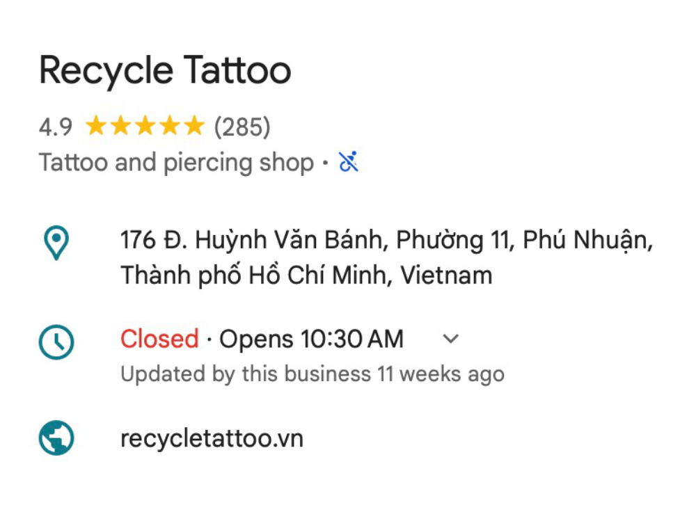 Google business profile for Recycle Tattoo, a tattoo and piercing shop in Ho Chi Minh City, Vietnam, showing a 4.9-star rating based on 285 reviews, open hours, address, and website.
