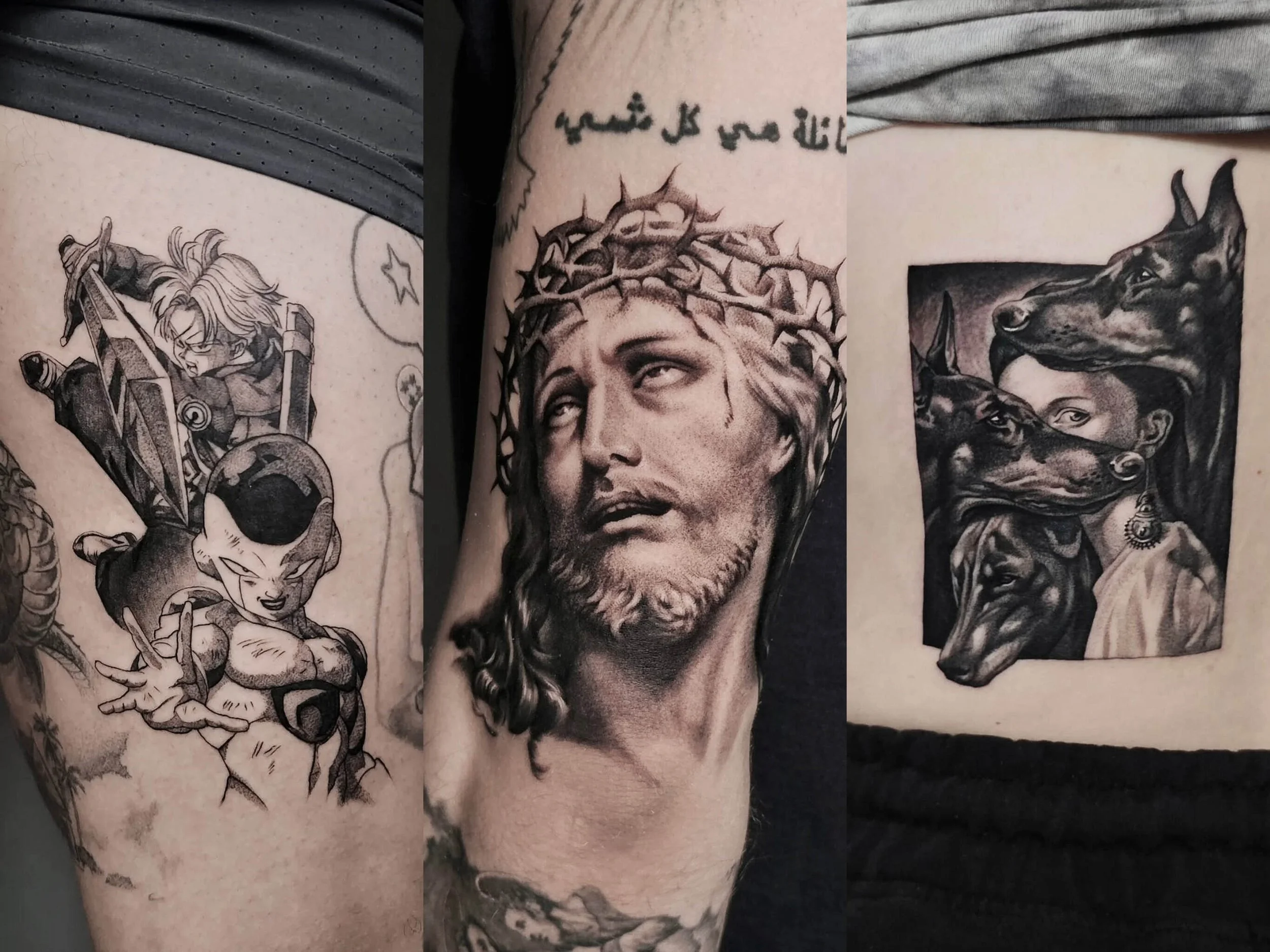 Three tattoos on arms featuring different art styles. The left tattoo depicts a detailed black and gray anime character in armor. The middle tattoo is a realistic black and gray portrait of Jesus Christ with a crown of thorns. The right tattoo shows 