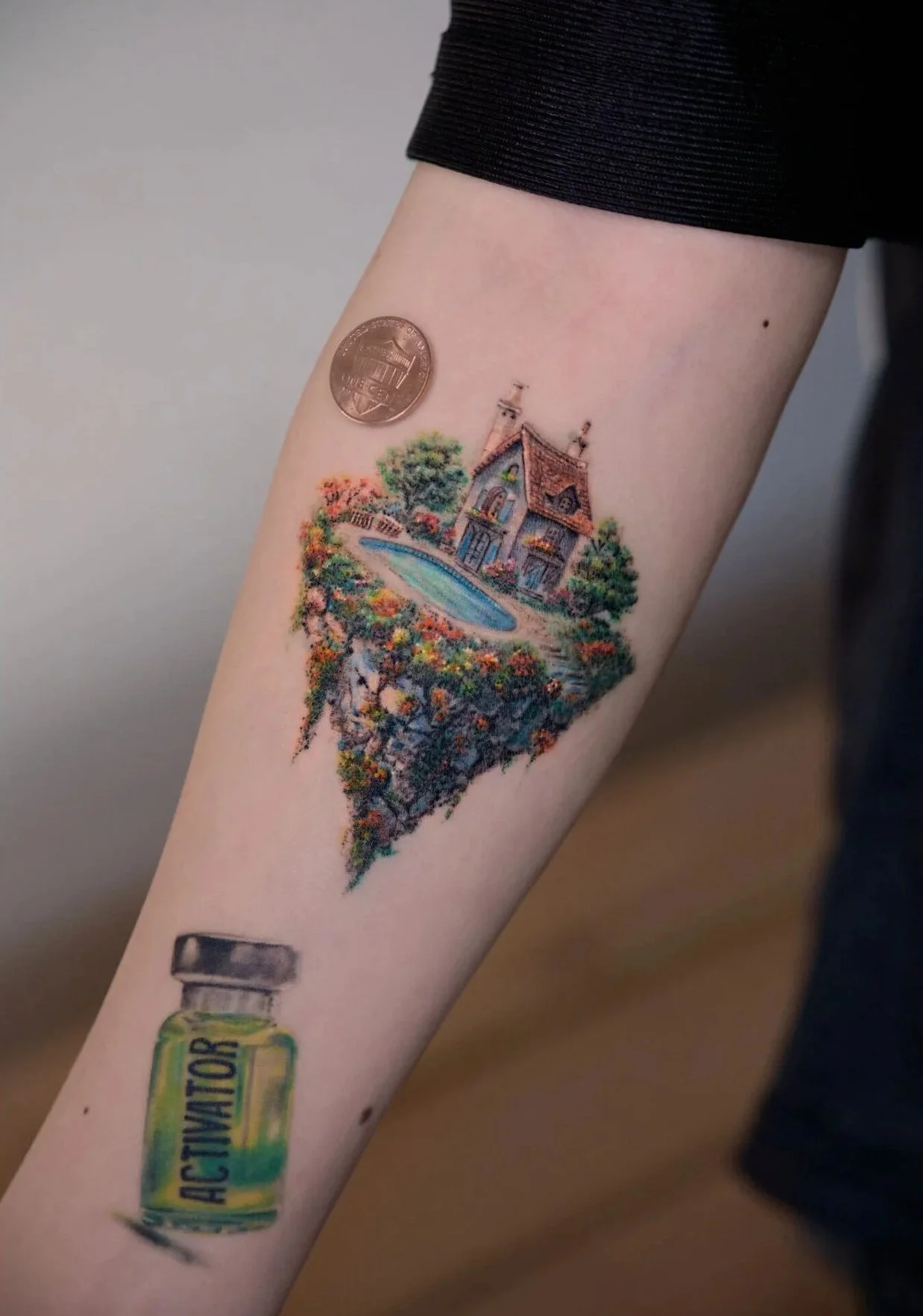 A person's arm with a colorful tattoo of a house, trees, and a pond, a coin, and a small bottle labeled "ACTIVATOR".