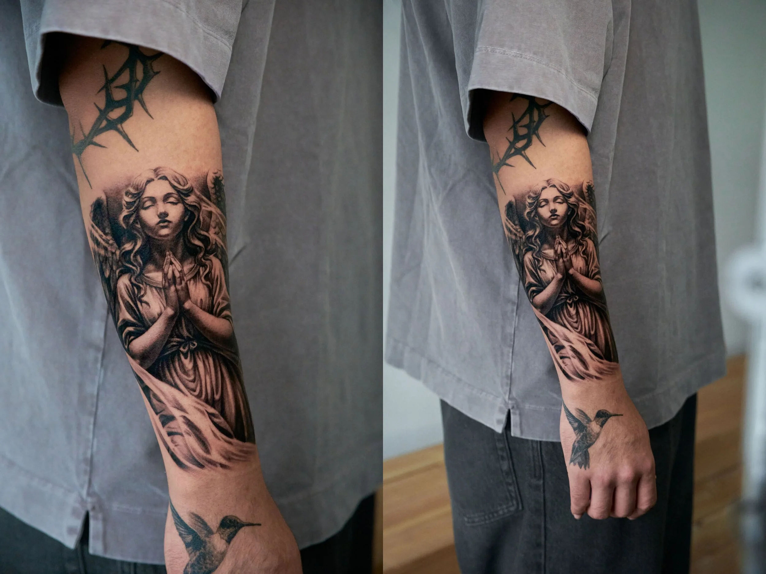 Tattoo of a praying woman with long hair on the forearm, with a hummingbird tattoo near the wrist, and a tree on the upper arm.