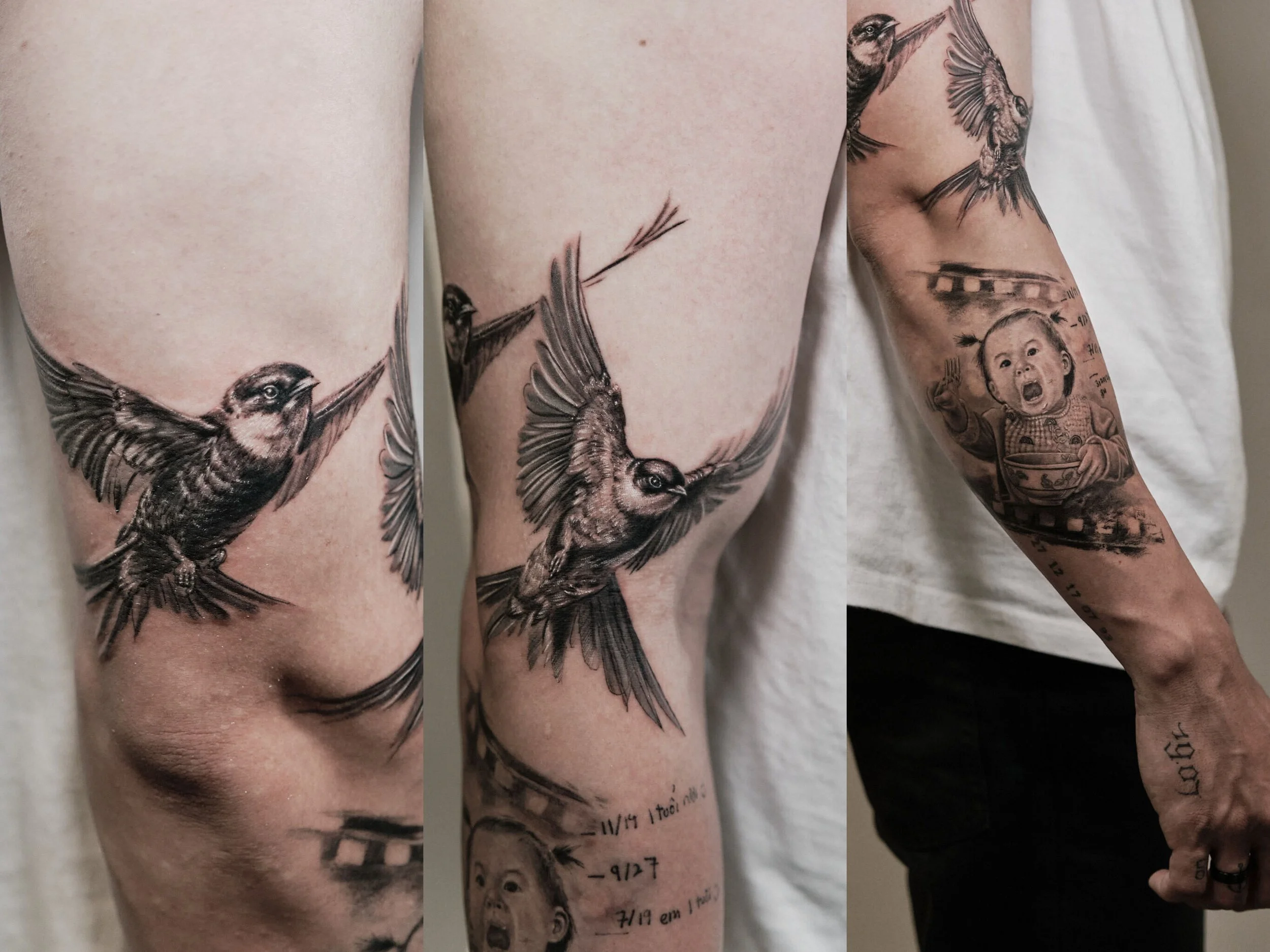 Close-up of a person's arm with multiple detailed black and gray tattoos, including a flying bird, a child's face with an expression of surprise or excitement, and a thermometer with temperature markings.