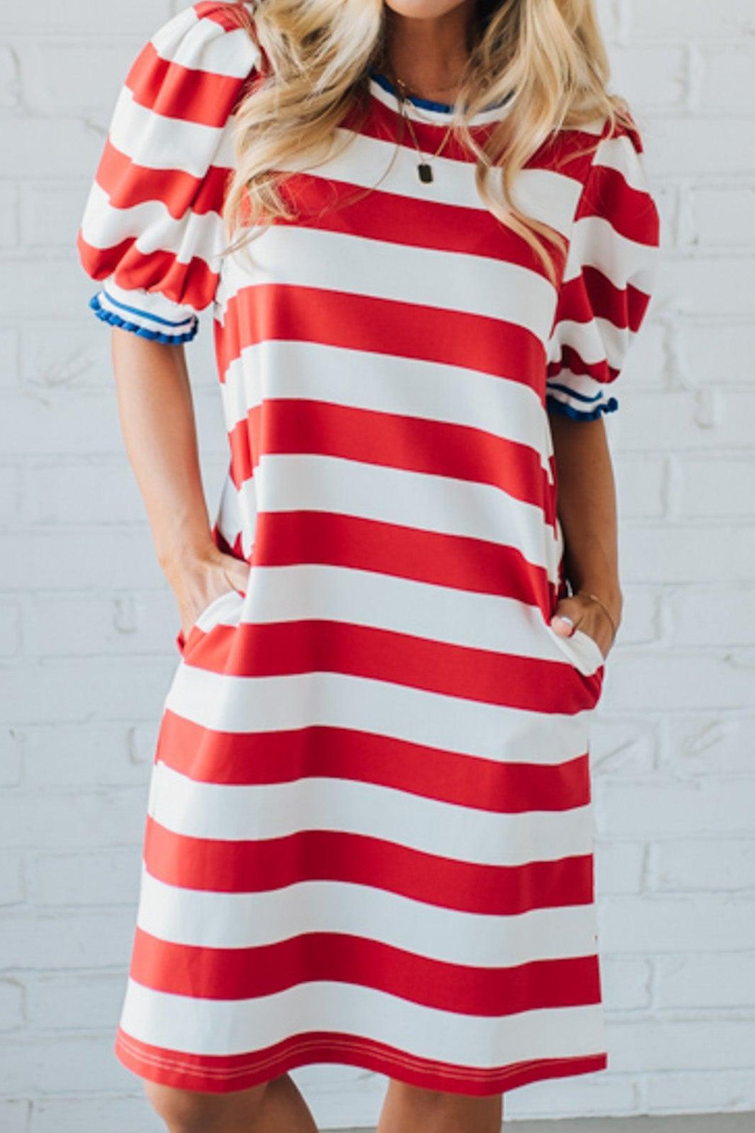 Patriotic Red Stripe Contrast Trim Round Neck Short Puff Sleeve Shift Mini Dress M-XL