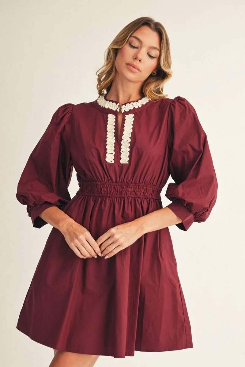 Jodify Burgundy 3/4 Sleeve Trim Detailed Dress S-L