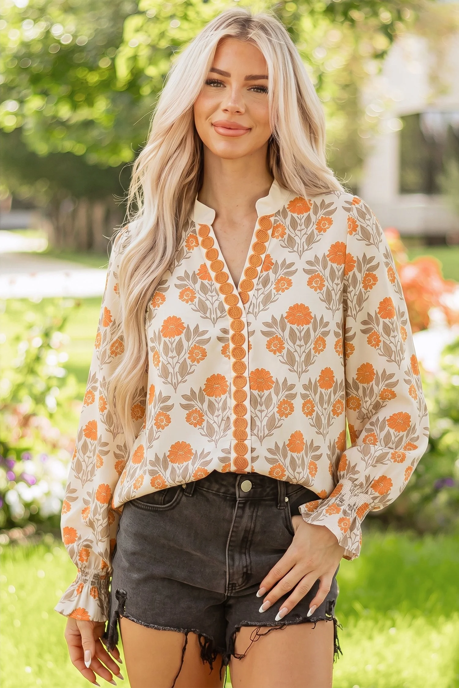 EMBER & ELM  Floral Print Contrast Detail V Neck Long Sleeve Blouse S-XL