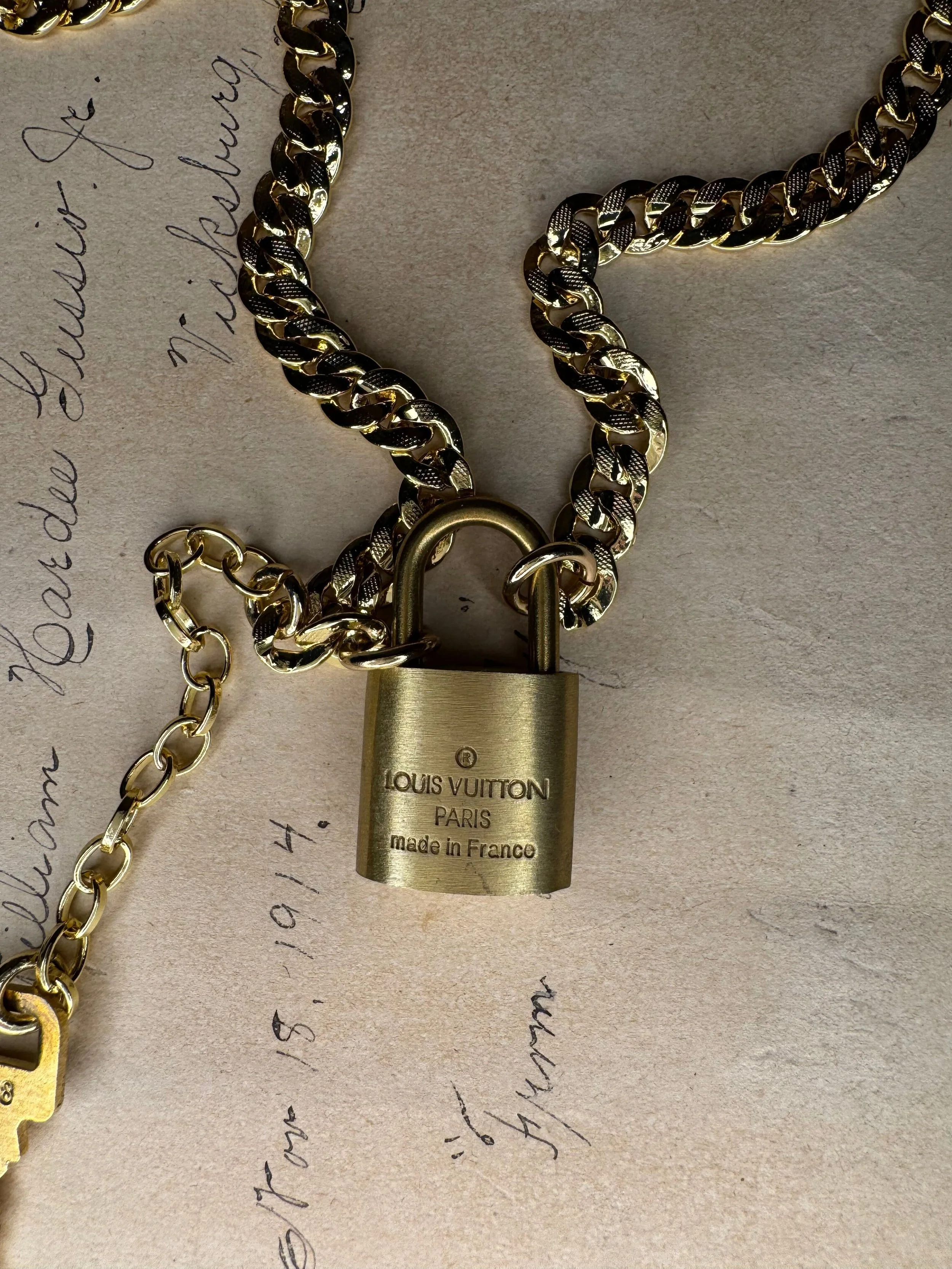 Upcycled LV Lock & Key Chunky Chain Necklace Designer Style