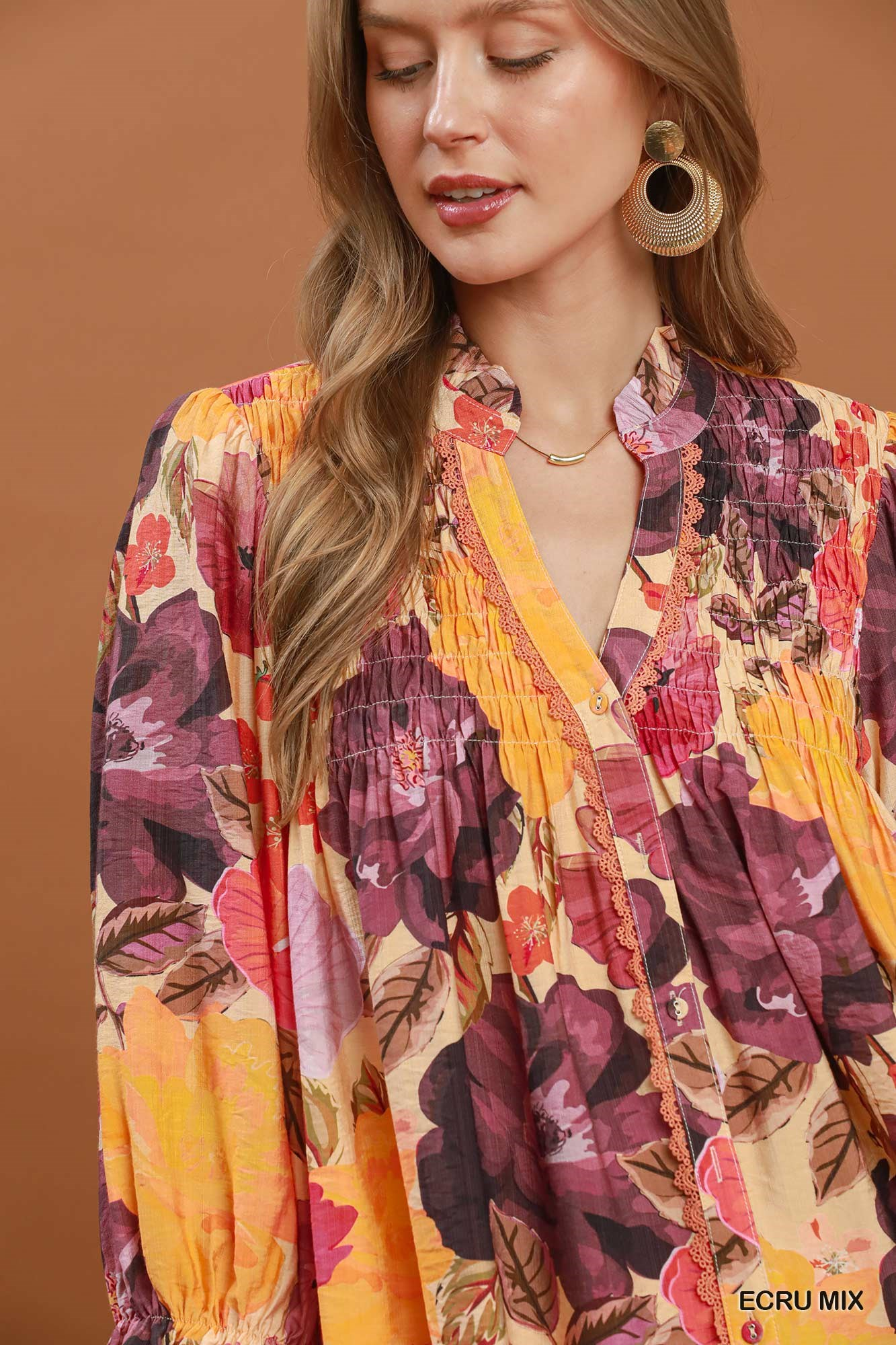 Umgee Mix Floral Print Button Front Blouse S-3XL