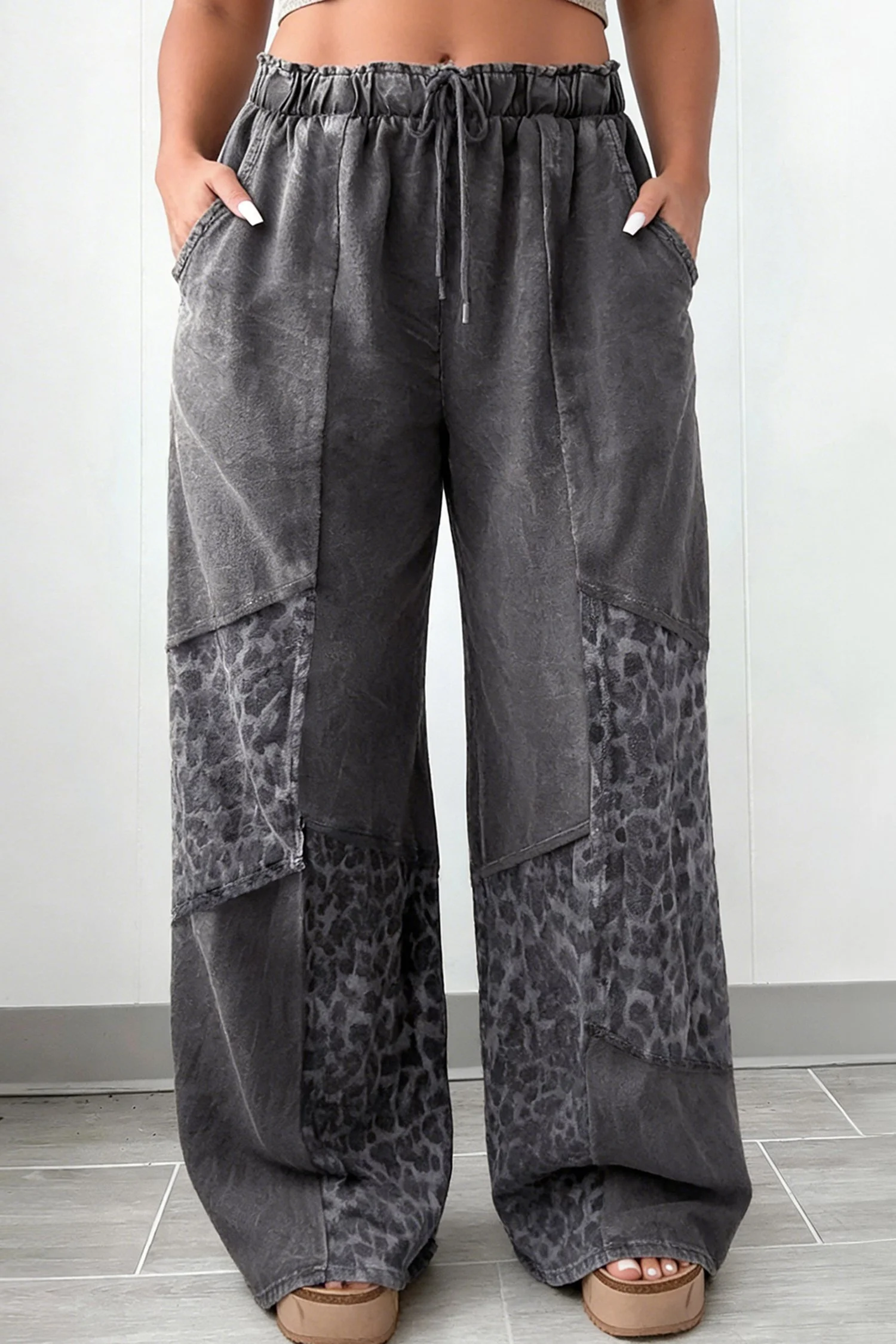 Dark Grey Plus Size Leopard Patchwork Mineral Wash Wide Leg Pants 1-3XL