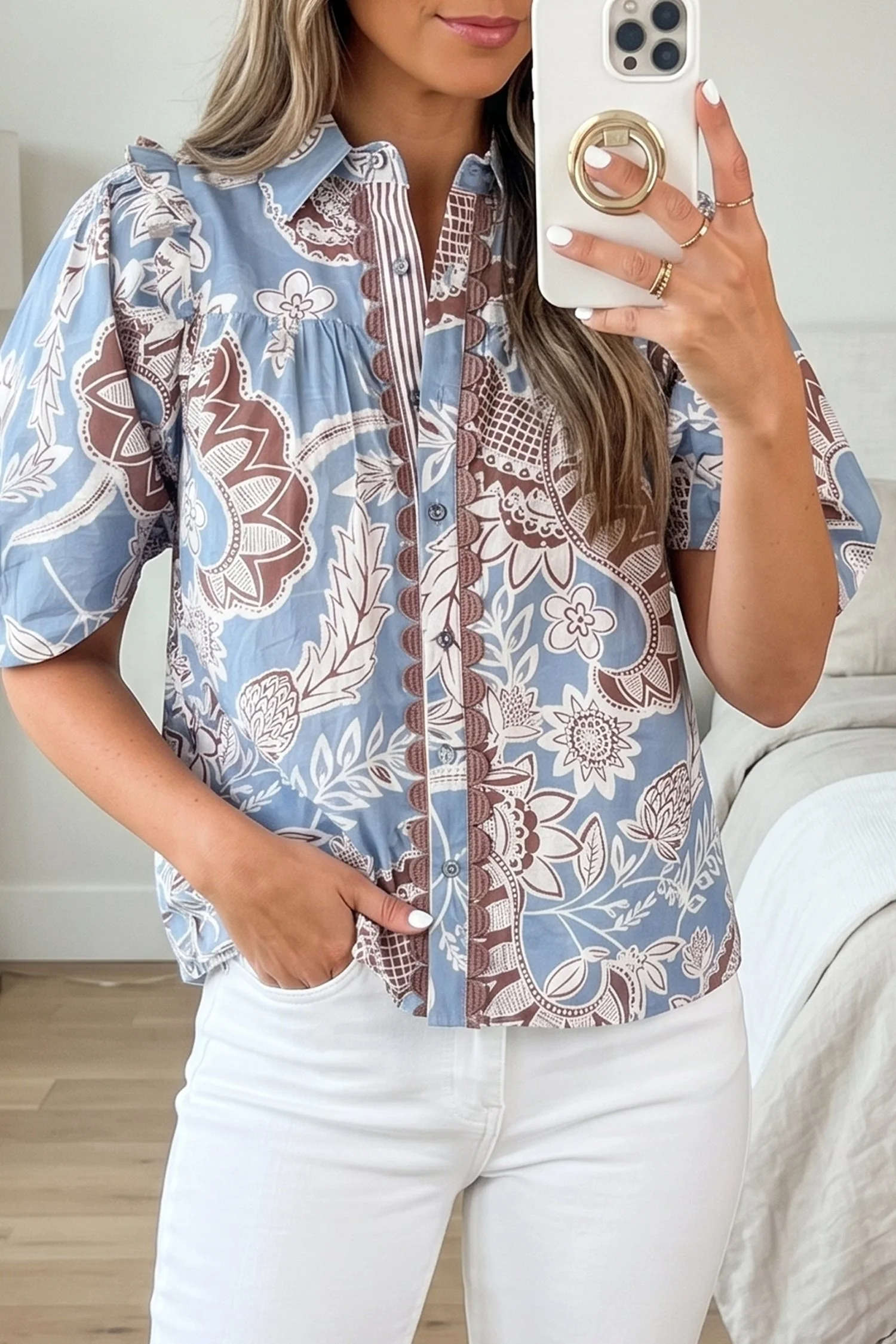 Ember & Elm Blue Floral Paisley Button-Up Blouse S-XL