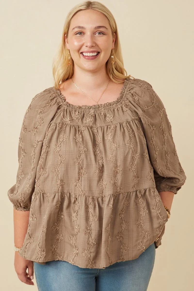 Hayden Taupe Floral Textured Puff Sleeve Blouse 1-3XL