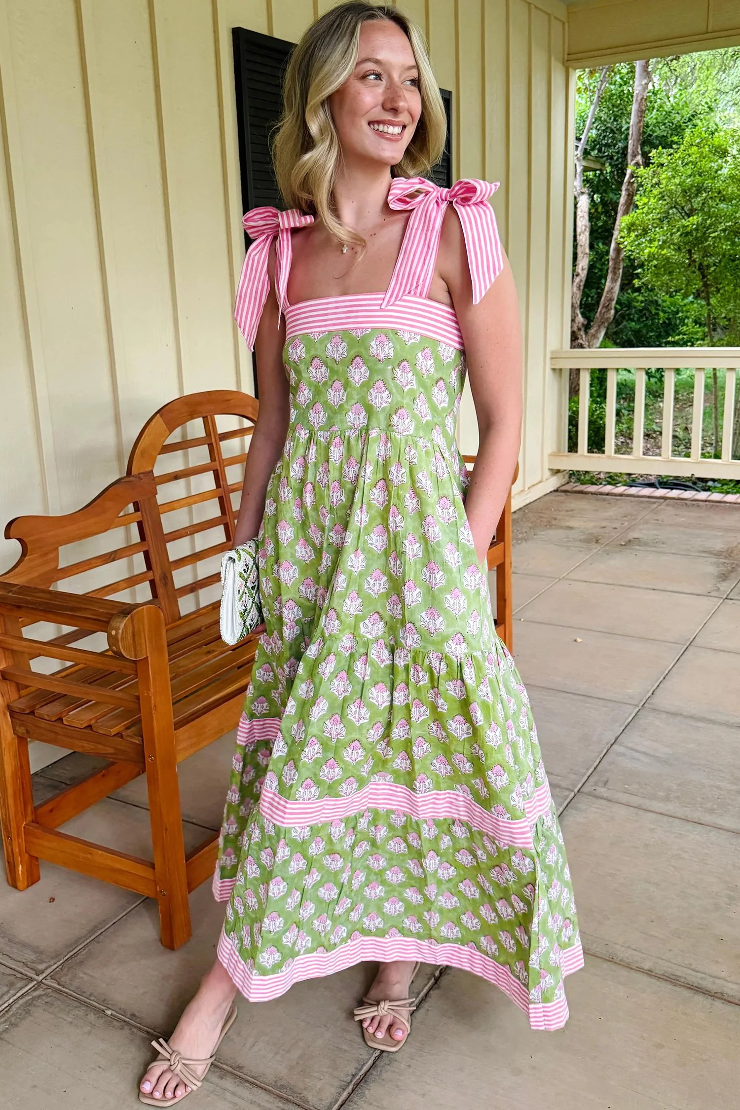 Green Floral Strip Sleeve Maxi Dress S-XL