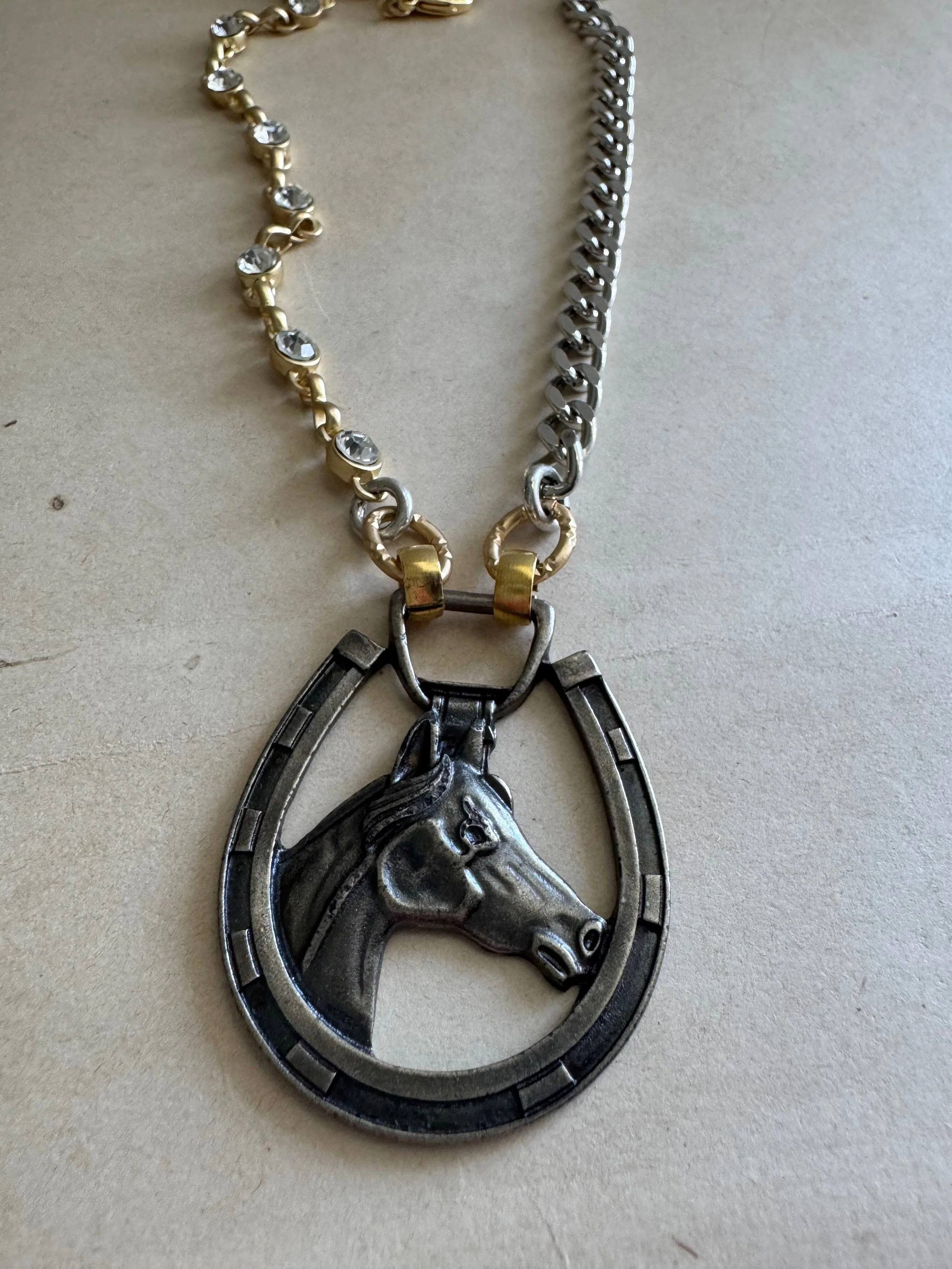 Horse Horseshoe Necklace | Mixed Metal Equestrian Pendant, Crystal Accents