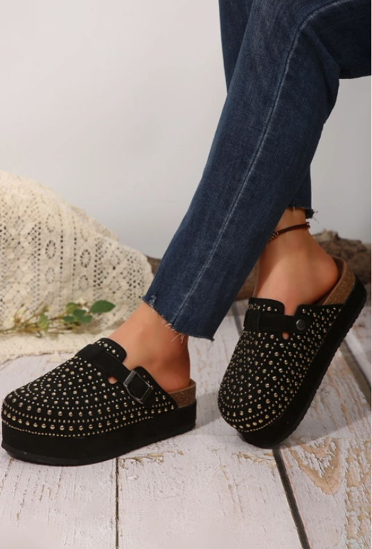 Black Rivet Buckle Closed Toe Platform Mules