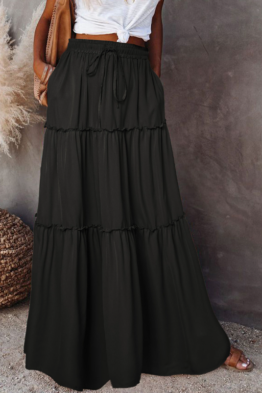 Hidden Black Tiered Ruffle Maxi Skirt S-2XL