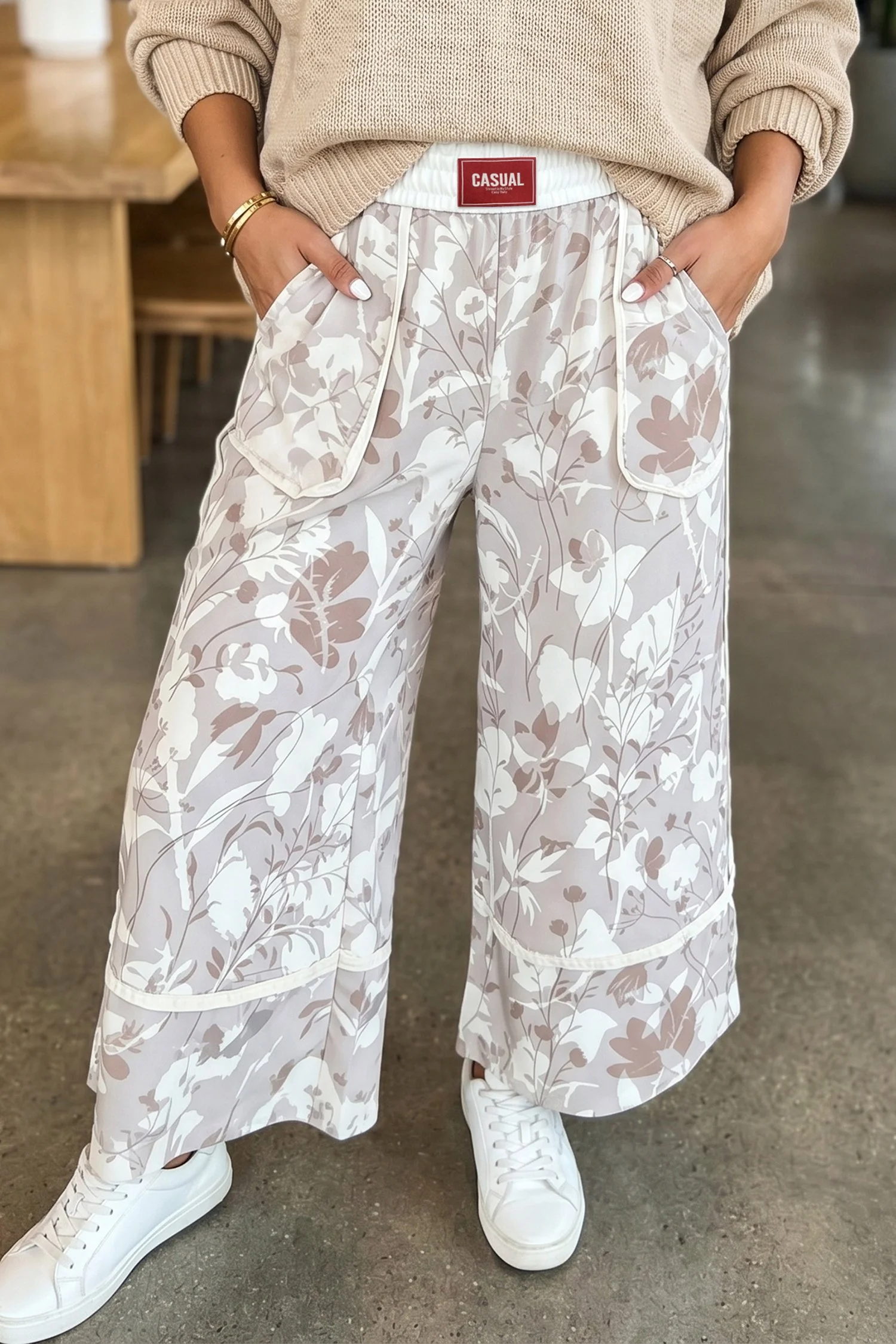 Ember & Elm Neutral Floral Wide Leg Pants S-XL