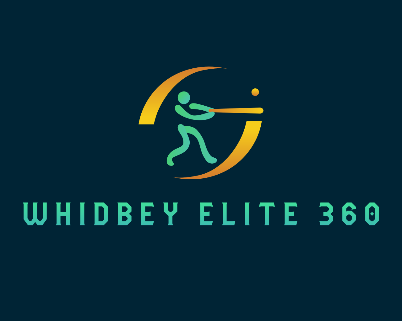 Logo of Whidbey Elite 360 featuring a stylized figure playing baseball, swinging a bat at a ball, with the company name below.