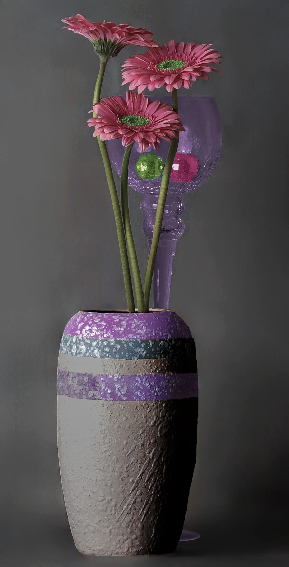 LS-00202 Untitled (Three Pink Barberton Daisies on Gray Background) · Still Life · 2025