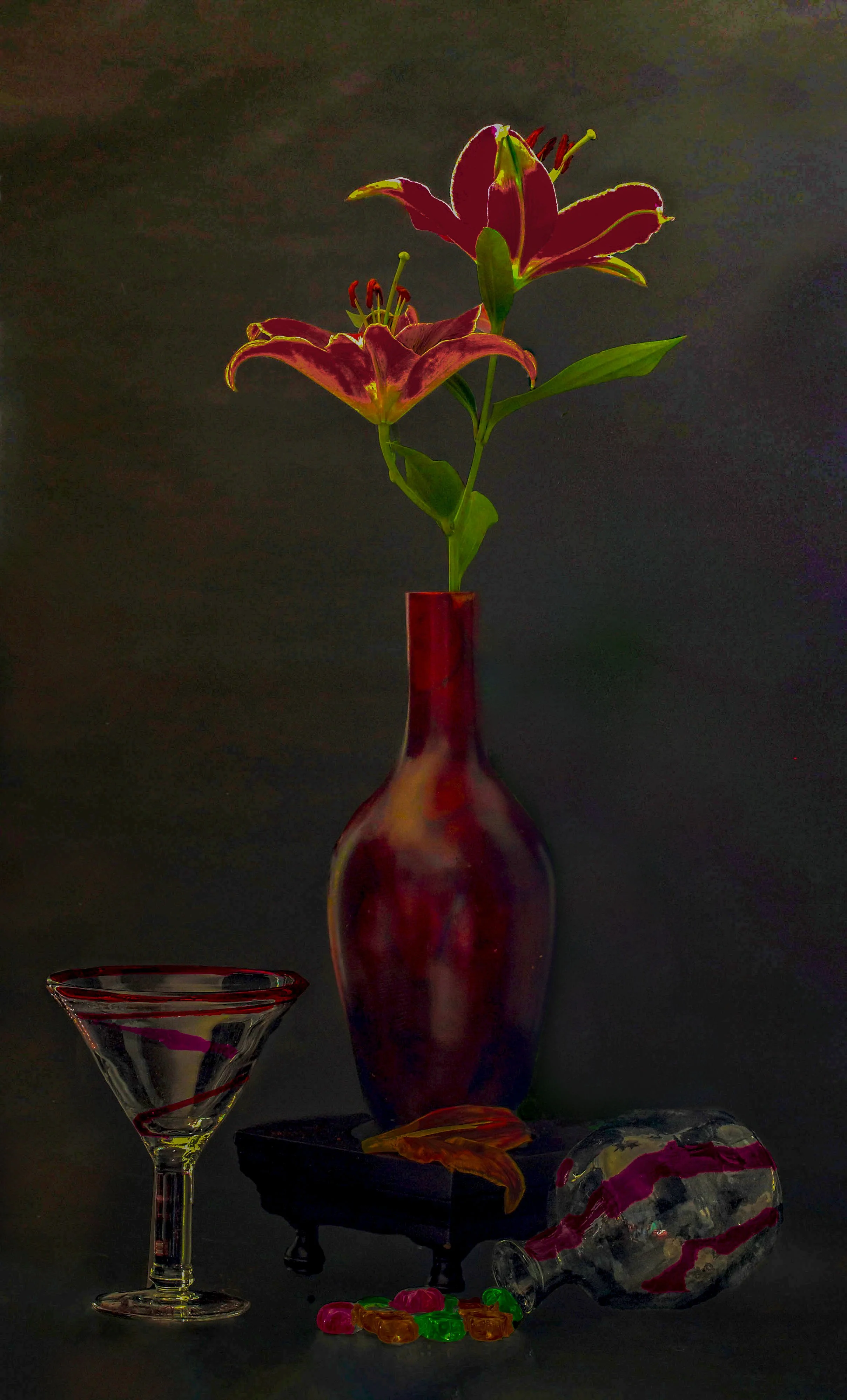 LS-00179Untitled (Two Red Orange Lilies on Mottled Olive and Charcoal Grey Background) · Still Life · 2024