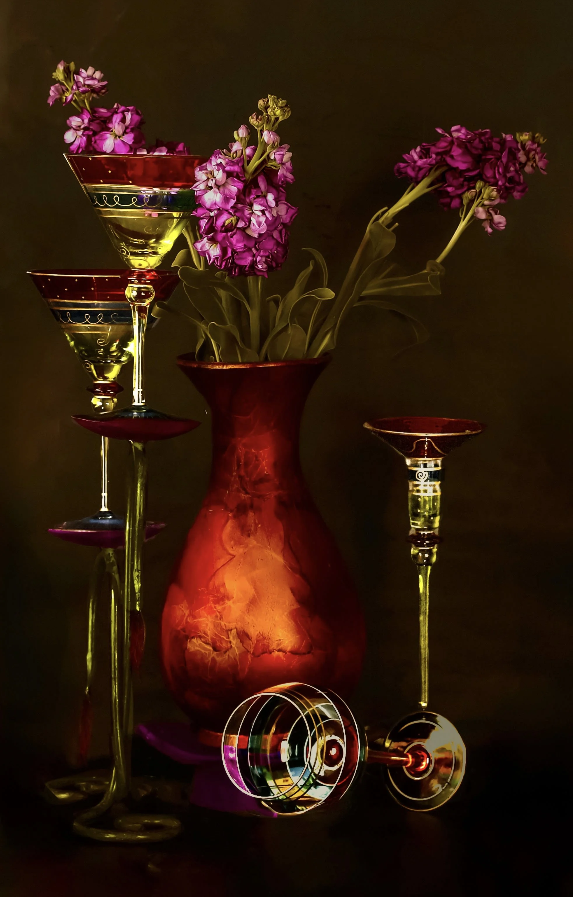 LS-00200·Untitled (Three Lavender Stock Blooms on Charcoal Brown Background) · Still Life · 2024