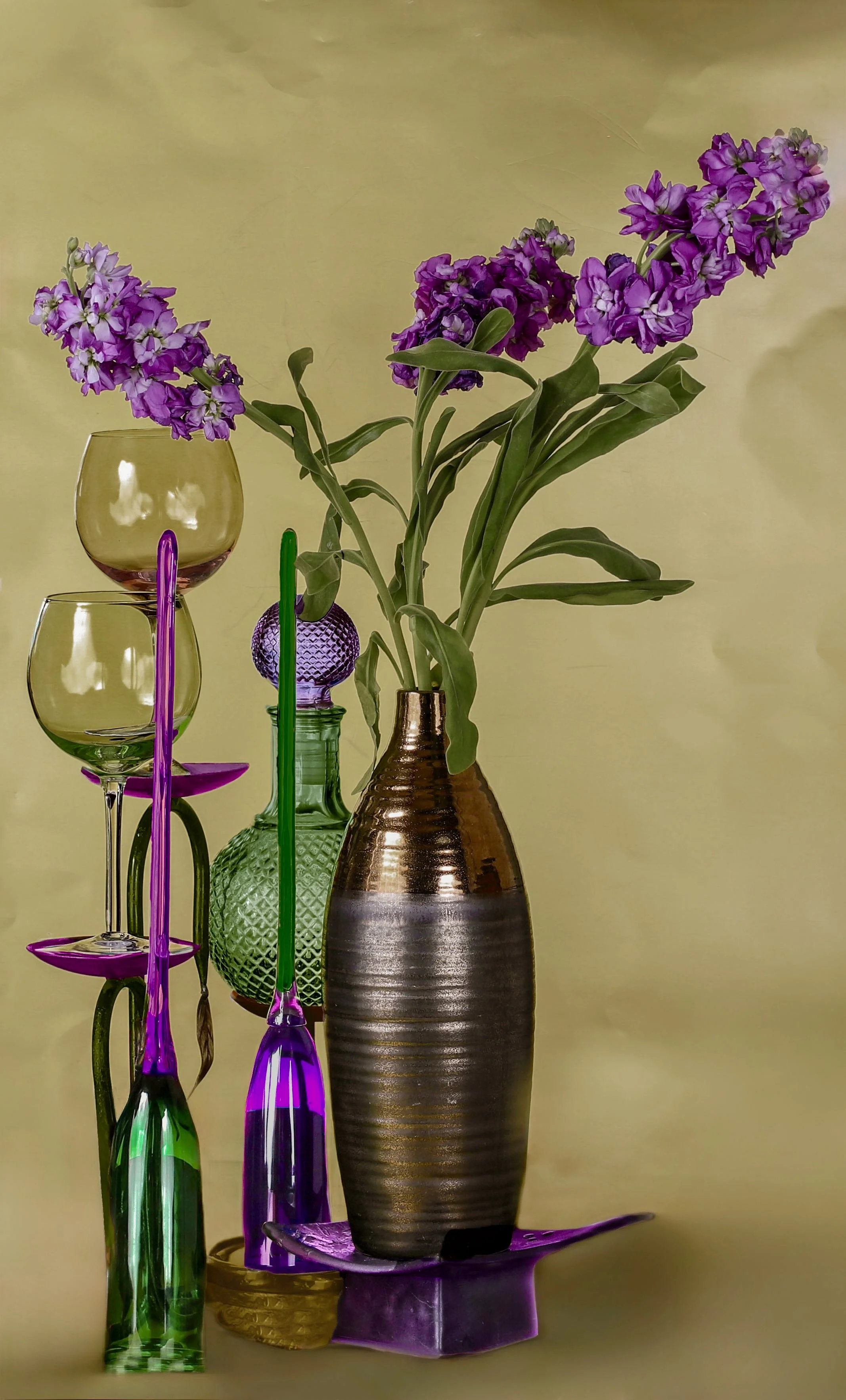 LS-00195Untitled (Three Lavender Stock Blooms on Olive Gold Background) · Still Life · 2024