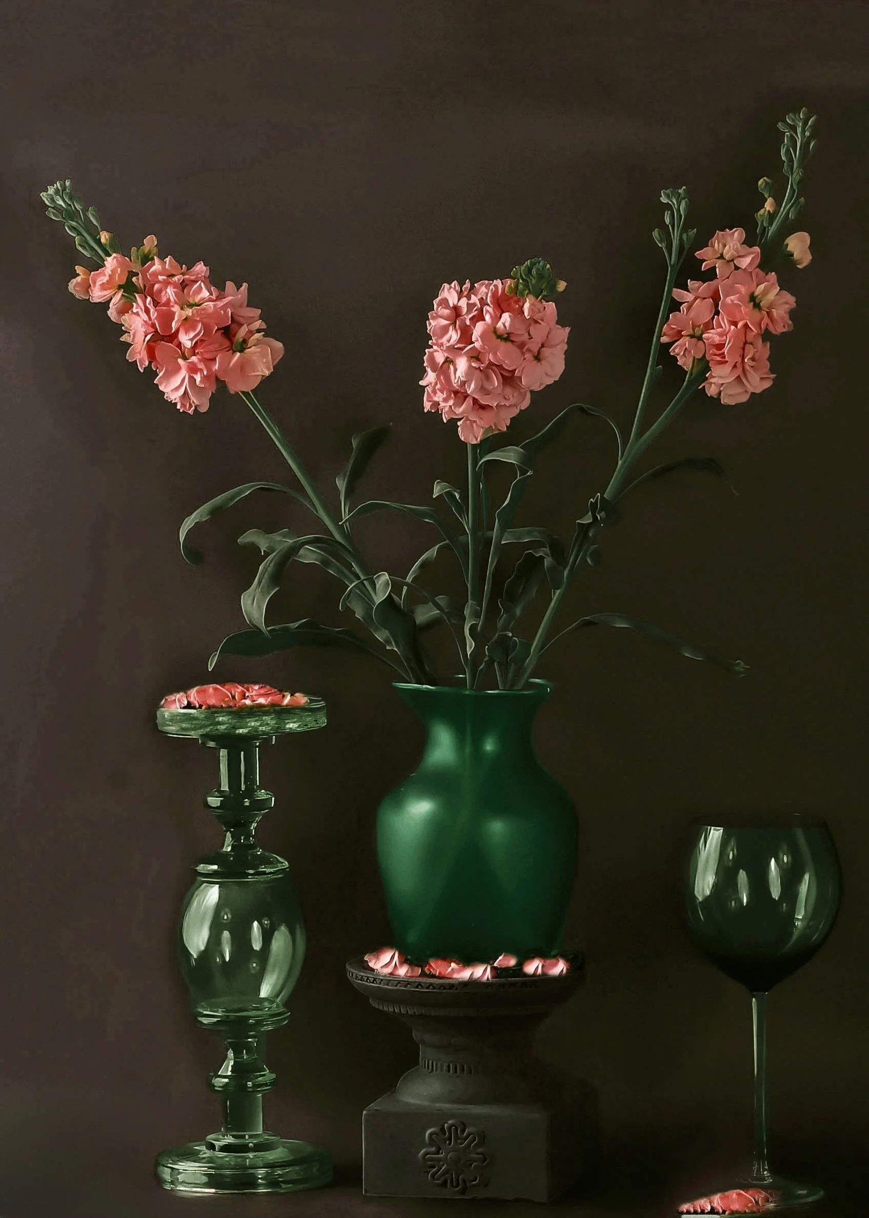 LS-0046· Untitled (Three Coral Pink Stock Blooms on Dark Brown Background) · Still Life · 2024