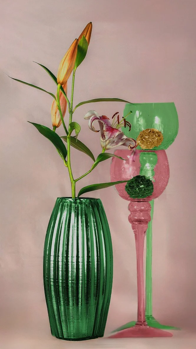 LS-00207 · Untitled (Three Early Day Lilies on Charcoal  Pink Background) · Still Life · 2025