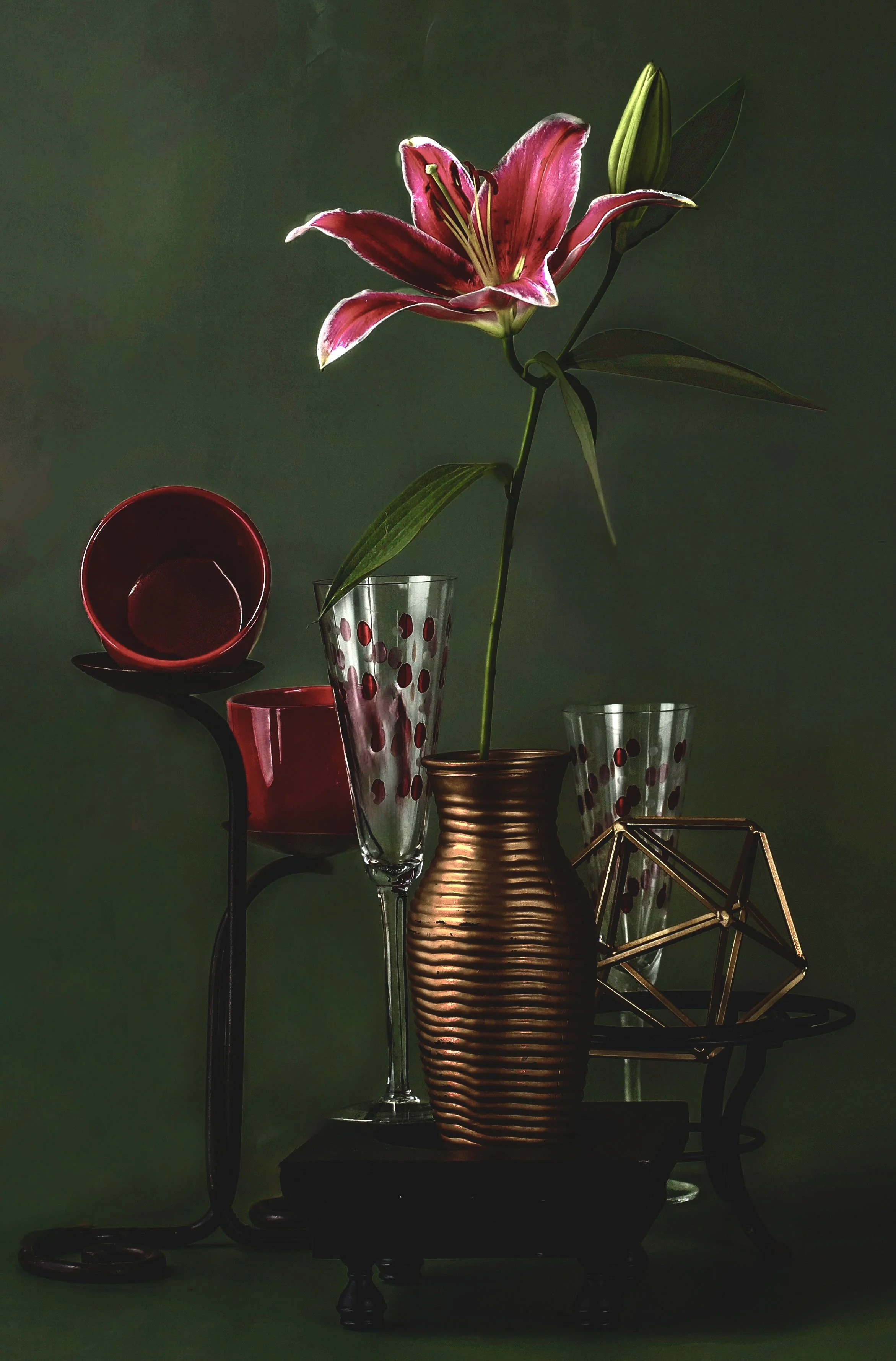 LS-00175Untitled (A Single Coral Pink Lily  on Deep Green Background) · Still Life · 2024