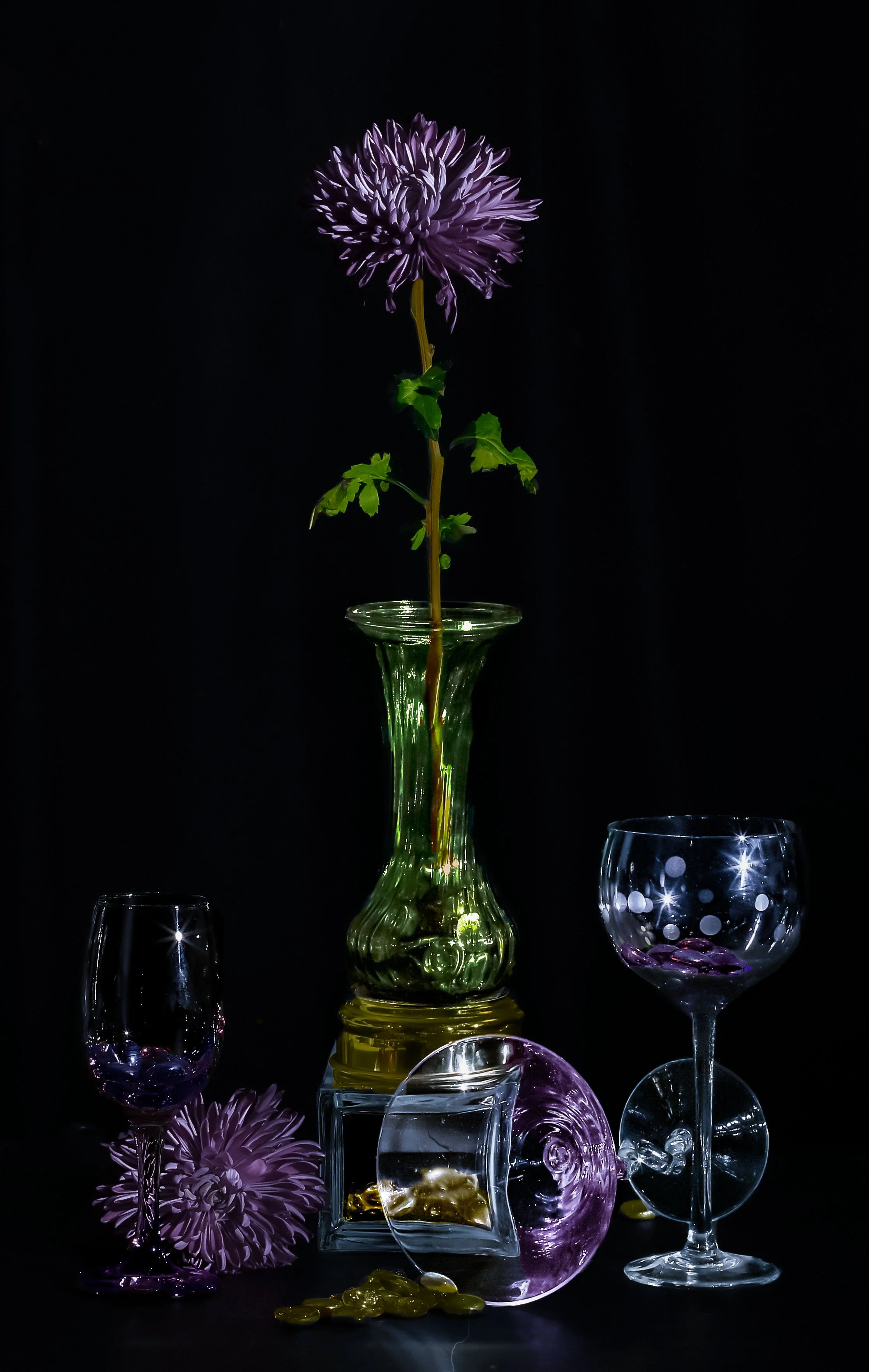 LS-00178Untitled (TwoVioletPurple Chrysanthemums on Black Background) · Still Life · 2024