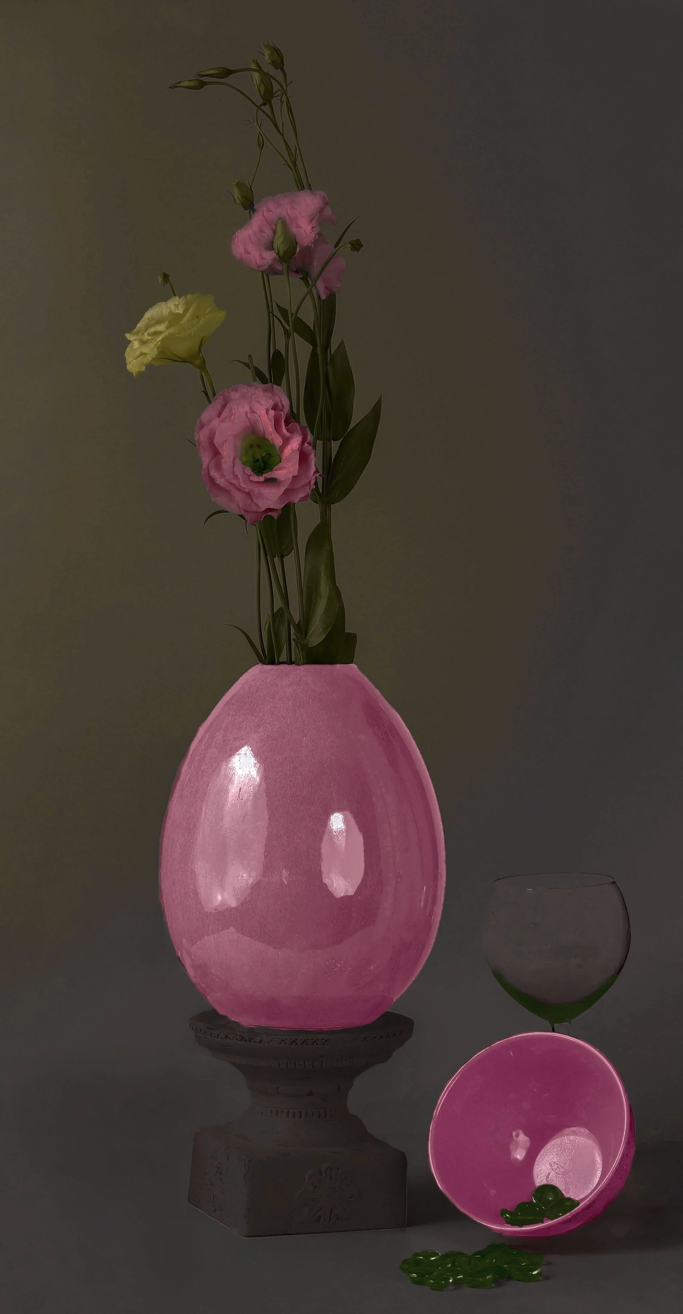LS-00180Untitled (Pink and Yellow Lisianthus on Warm Gray Background) · Still Life · 2025