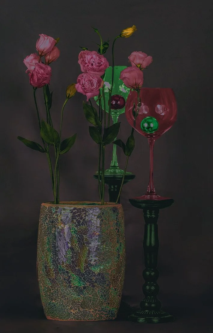 LS-00211 · Untitled (A Spray of Pink With Two Yellow Lisianthus Blooms on Dark Gray Background) · Still Life · 2025